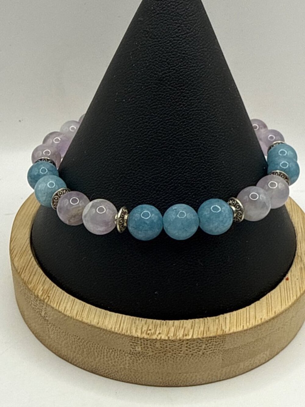 Pastel Beaded Stacking Bracelet Lavender & Light Blue Silver Tone Balinese Detai